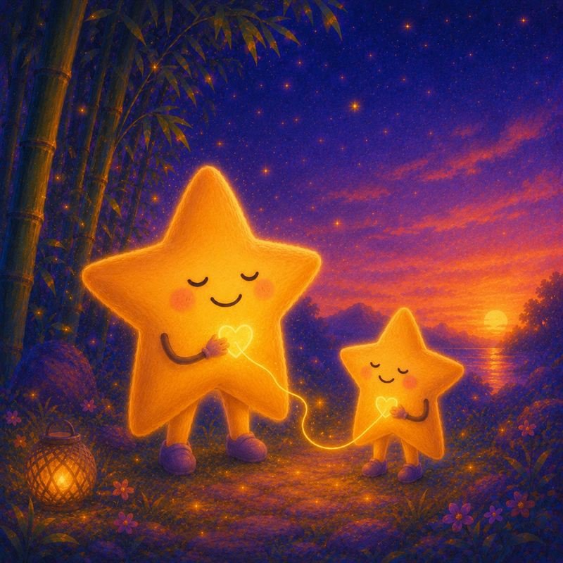 Twee sterretjes in een avondlucht, met een lichtdraadje tussen hun hartjes.