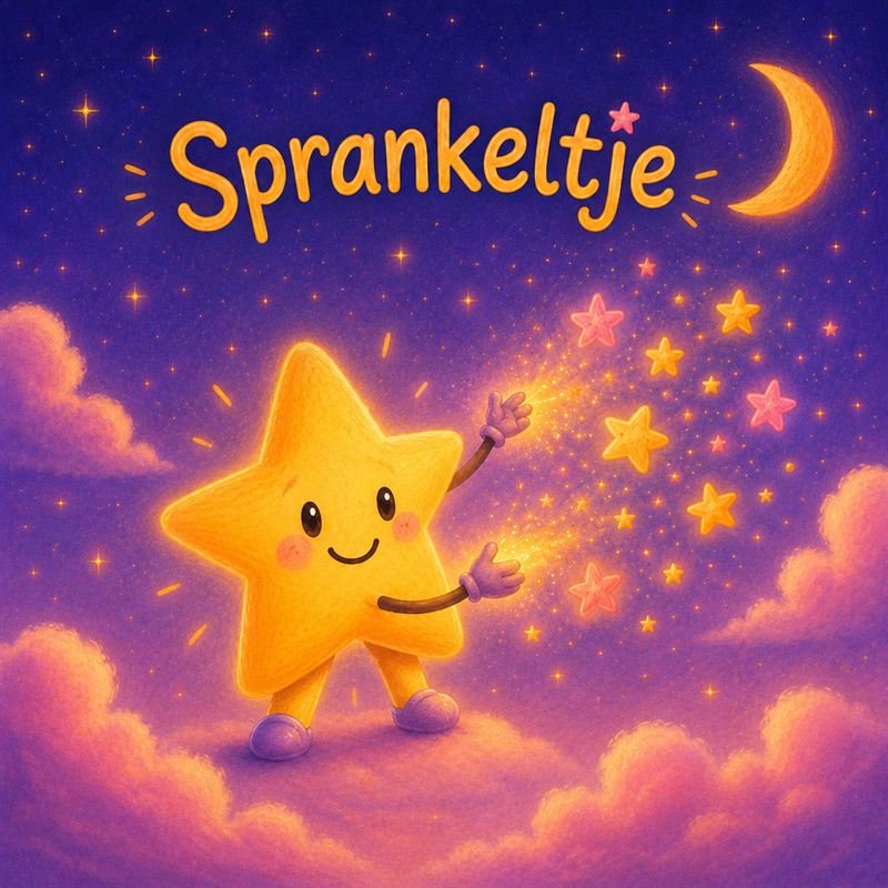De illustratie van Sprankeltje: een geel sterrenmannetje met een maansikkel en roze wolken in een paarse avondlucht.